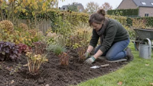 Tuinier plant gezonde rustende vaste planten op gelijke hoogte met de grond