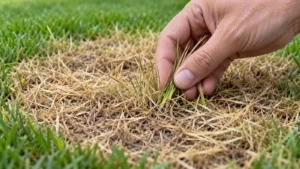 Hand controleert voorzichtig of geel gras na een zwembad nog stevig vastzit