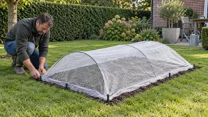 Tuinier zet strak vliesdoek vast boven een klein pas ingezaaid gazonvak