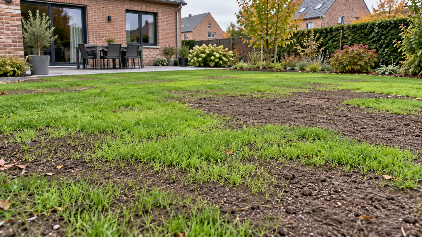 Nieuw ingezaaid gazon met groene stroken en enkele nog kale plekken