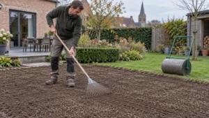Tuinier harkt graszaad oppervlakkig in met een gazonroller klaar naast het zaaibed