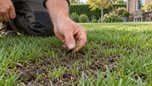 Voorzichtige trekproef aan jonge grassprieten aan de rand van het gazon