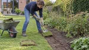 : Graszoden dun uitsteken met een spade voor een nieuwe border. 