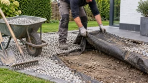 Tuinier verwijdert grind en worteldoek uit een bestaand grindvak