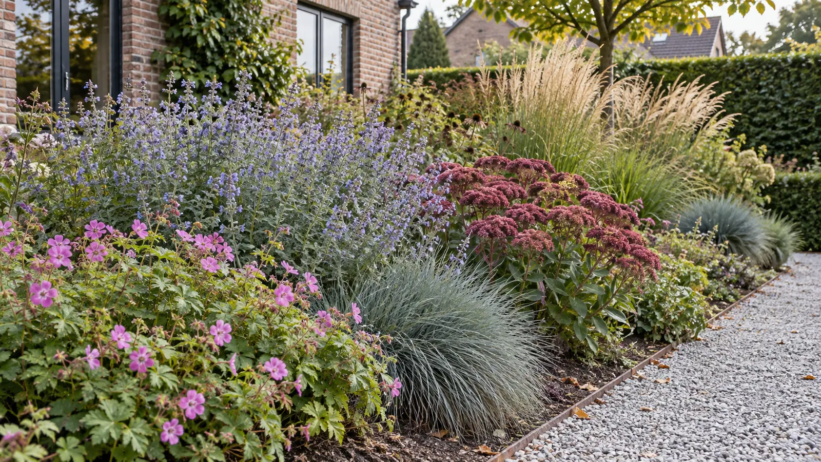 Half omgevormd grindvak naast een volwassen groene border in een Belgische tuin