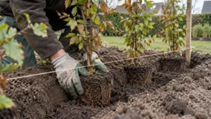 Haagplant op de juiste kluithoogte langs een gespannen koord