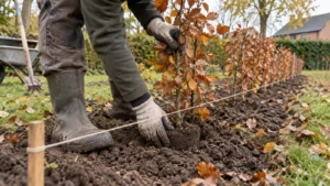 Tuinier zet een jonge beukenhaag recht en drukt de grond rond de kluit aan