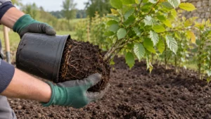 Tuinier schuift een gezonde wortelkluit voorzichtig uit een kweekpot