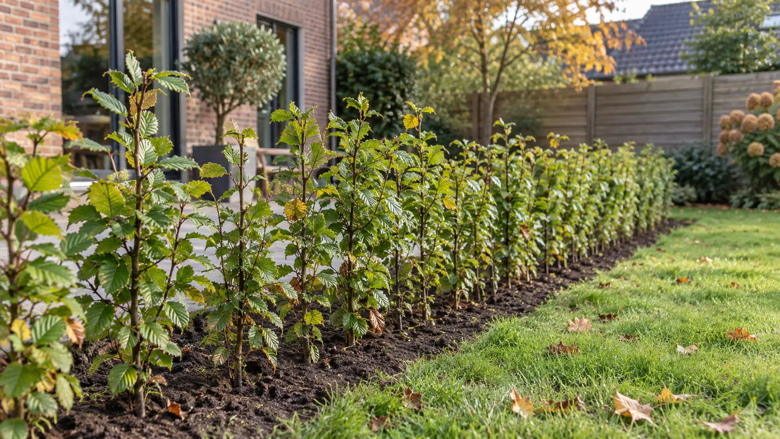 Rechte jonge haag met natuurlijk hoogteverschil tussen de haagplanten