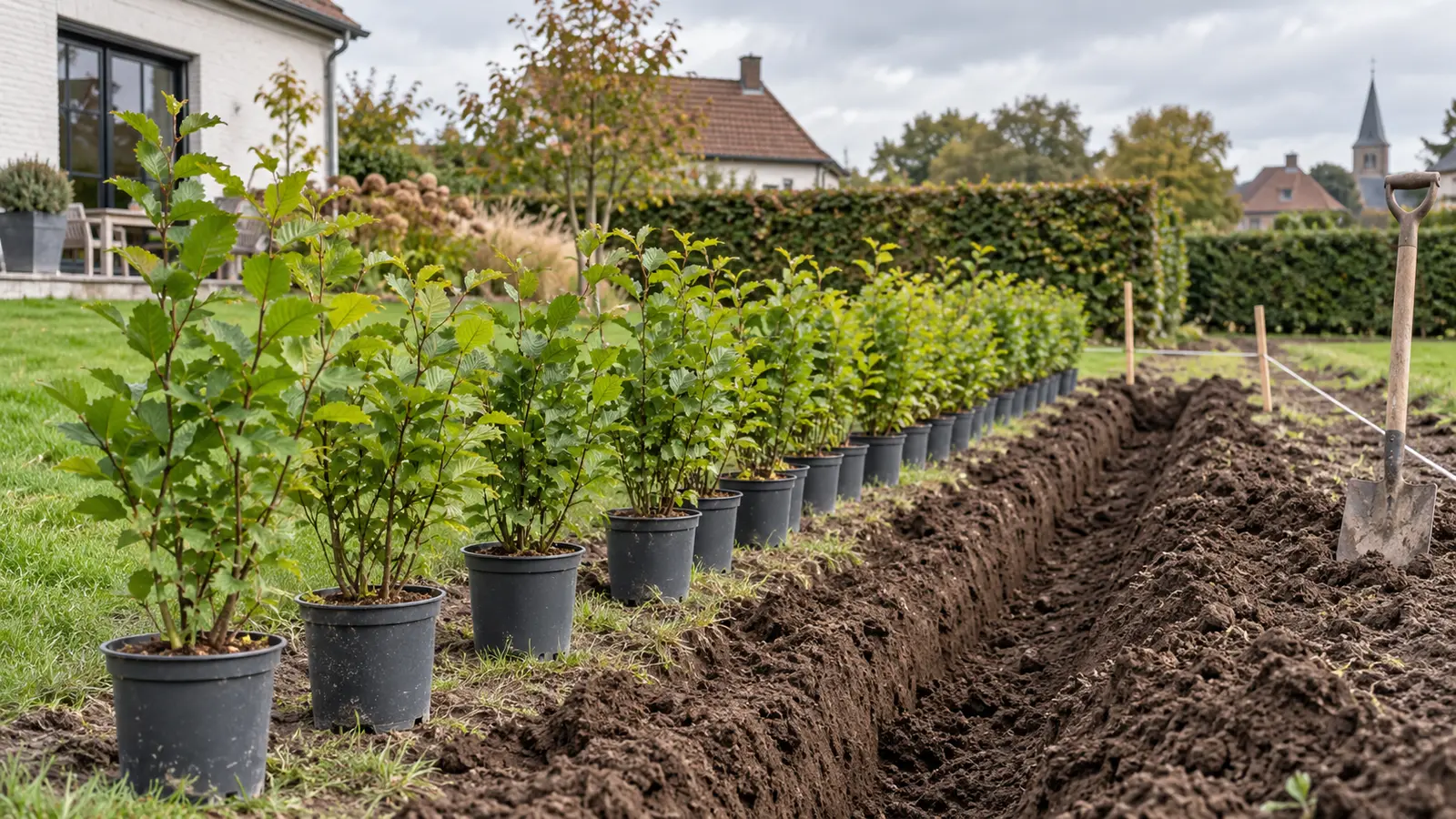 Potgekweekte jonge haagplanten naast een voorbereide plantgeul