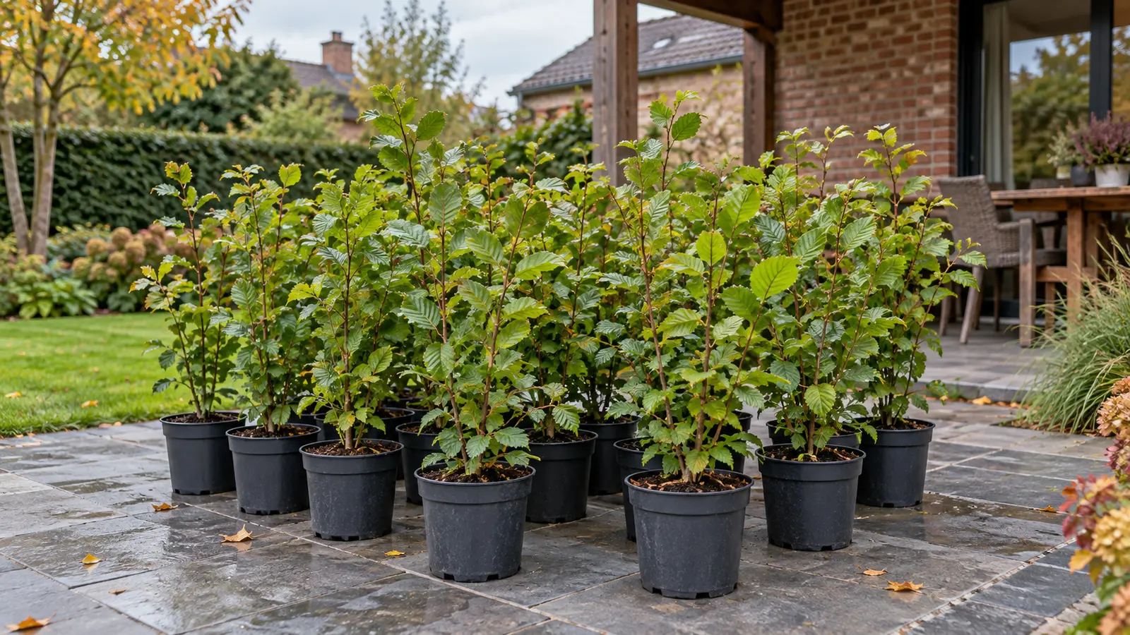 Potgekweekte haagbeukplanten staan uitgepakt en rechtop in een beschutte tuin