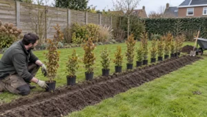 Haagplanten met verschillende hoogtes verdeeld naast de plantsleuf