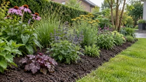 Herstelde border met gelijkmatig bodemniveau rond vaste planten