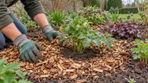 Tuinier verdeelt houtsnippers rond een jonge vaste plant en houdt de kroon vrij