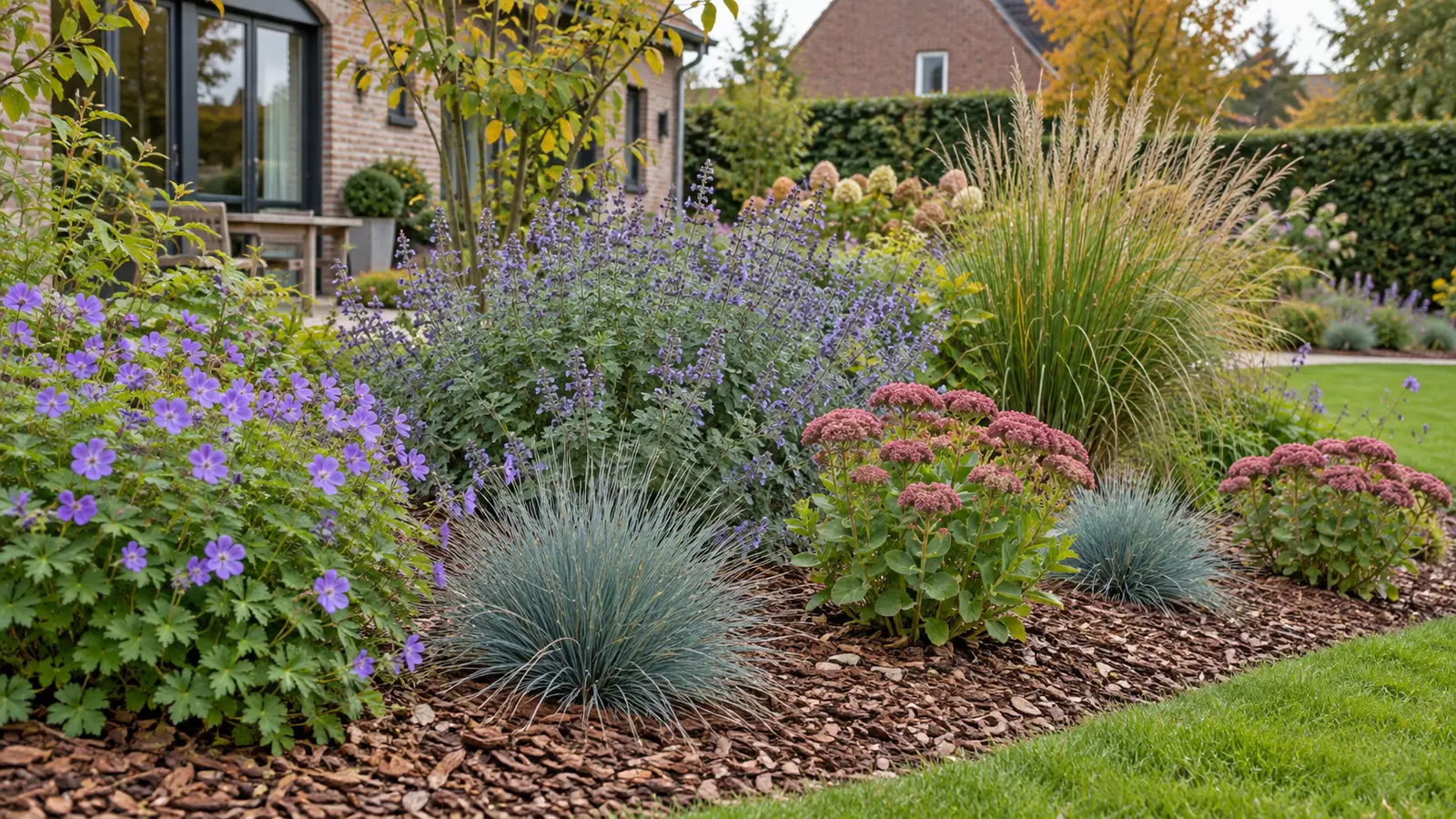 Jonge vasteplantenborder met een dunne laag natuurlijke houtsnippers