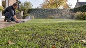 Jong gazon vanaf de rand water geven zonder de zaailingen te betreden