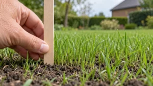 Tuinier meet de hoogte van jonge grassprieten met een meetlat