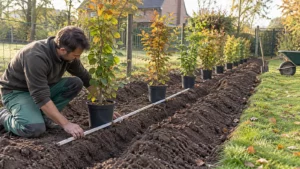 Tuinier zet jonge beukenhaagplanten uit langs een voorbereide plantstrook