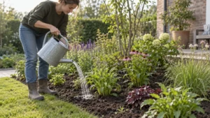 Jonge borderplanten krijgen langzaam water bij de wortelzone