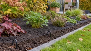 Laag tijdelijk tuinnet veilig vastgezet tussen jonge vaste planten