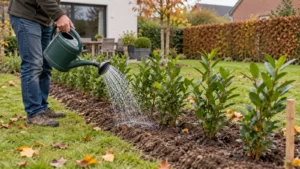 Jonge haag krijgt langzaam water met een zachte straal over de plantsleuf