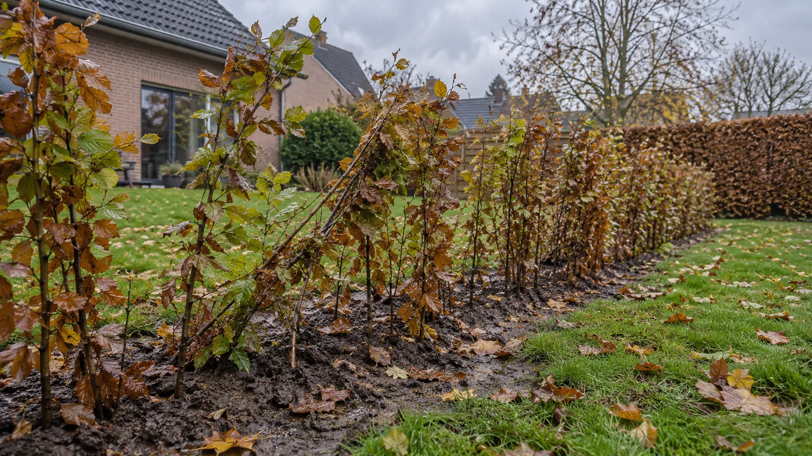 Jonge beukenhaag met enkele planten die na harde wind scheef staan