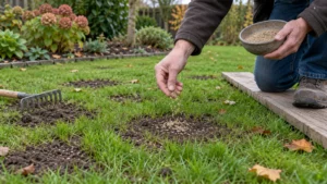 Kleine kale plekken tussen jonge grassprieten worden plaatselijk bijgezaaid