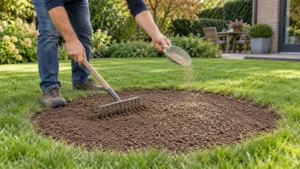 Tuinier zaait een losgemaakte ronde kale plek in het gazon opnieuw in