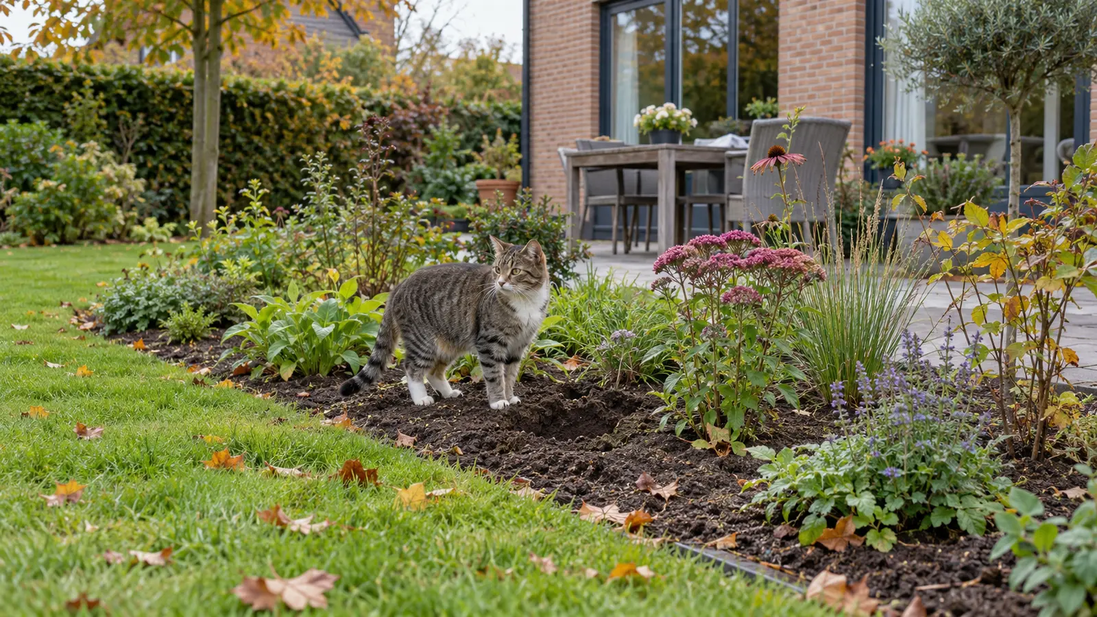 Kat bij losse aarde tussen jonge borderplanten in een Belgische tuin