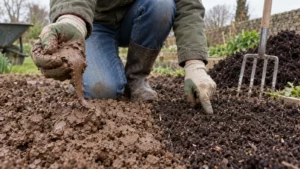 Hand vergelijkt een plakkerig lint kleigrond met kruimelige rijpe compost