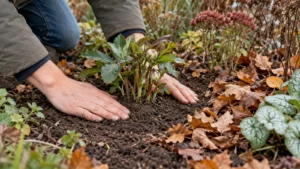 Tuinier vult losse grond rond een teruggezette vaste plant aan