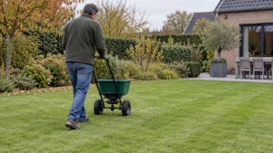 Tuinier verdeelt korrelkalk met een strooiwagen over een stevig vochtig gazon