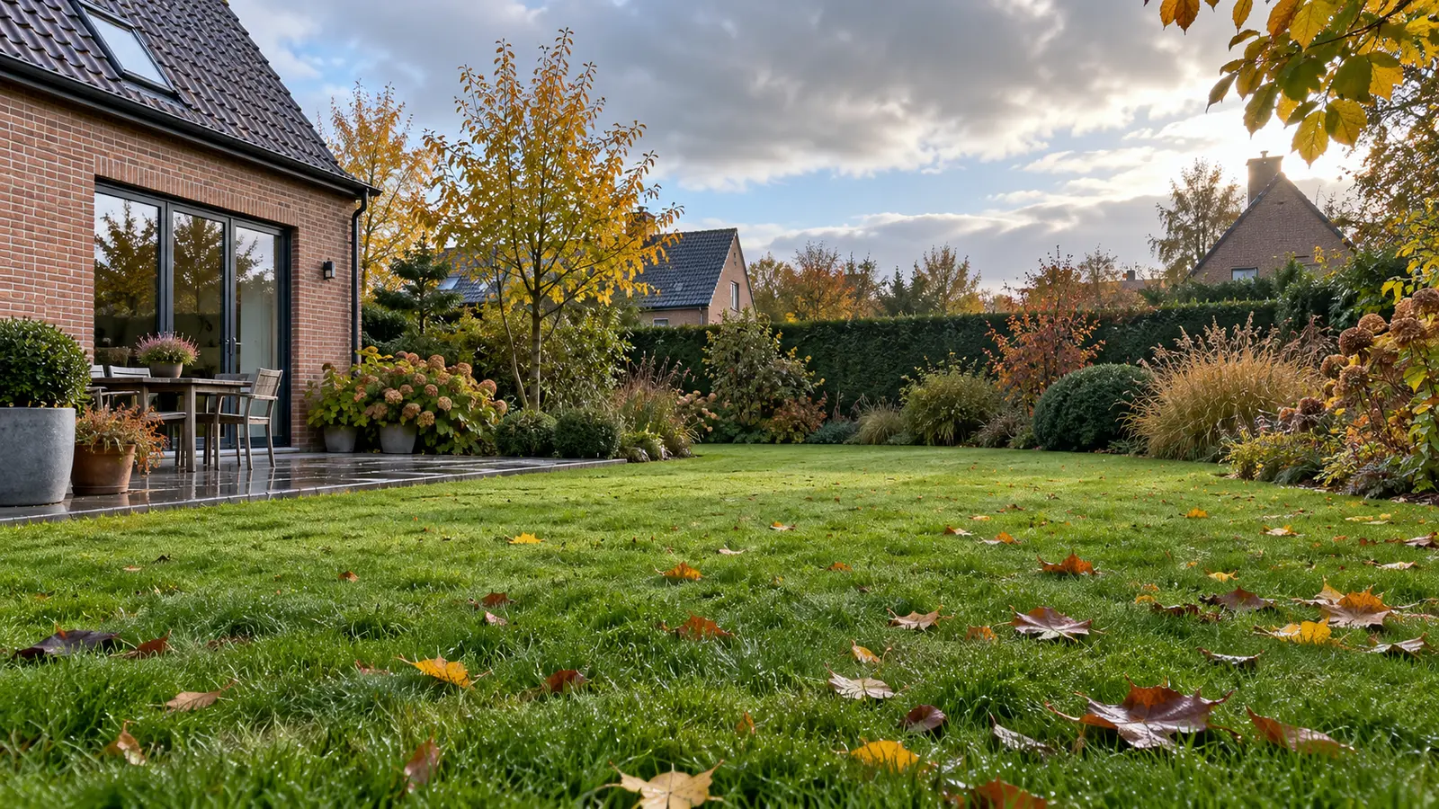 Vochtig Belgisch gazon in de herfst zonder plassen of diepe voetsporen