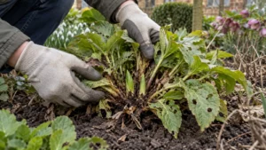 Tuinier controleert de stevige groeikern van een aangevreten vaste plant