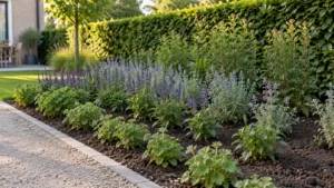 Jonge border met lage planten aan het pad en hogere soorten bij de haag