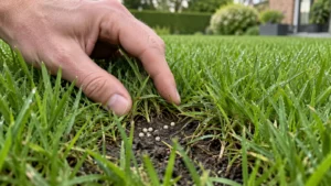 Hand duwt grassprieten opzij om mestkorrels bij de bodem te controleren