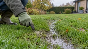 Tuinier controleert opgehoopte mestkorrels in een lage plek van het gazon