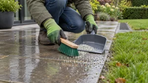 Tuinier veegt mestkorrels van een natte terrasrand naast het gazon