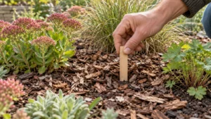 Hand controleert de dikte van een mulchlaag tussen vaste planten