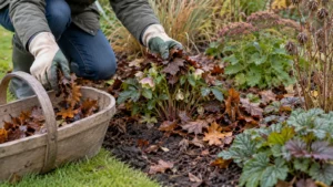 Tuinier haalt een nat bladerpakket weg van de kroon van een vaste plant