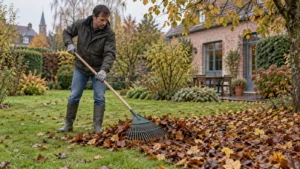 Tuinier harkt een dikke laag natte bladeren van het gazon