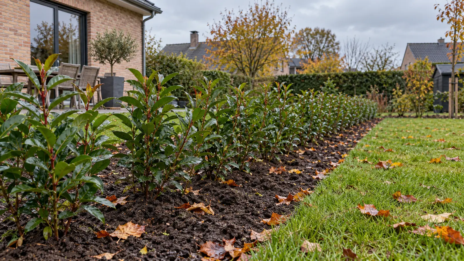 Pas geplante Portugese laurierhaag in een Belgische tuin in de herfst
