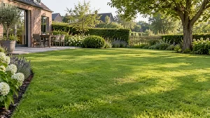 Realistisch onderhouden Belgisch gazon met een gelijkmatige groene grasmat