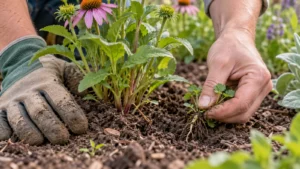 Handen trekken klein onkruid uit terwijl een jonge borderplant wordt ondersteund
