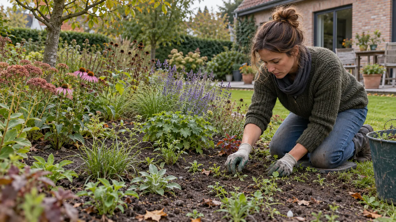 Tuinier verwijdert onkruid tussen jonge vaste planten in een Belgische border