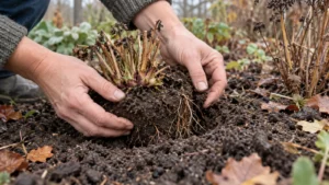 Tuinier controleert een omhooggekomen wortelkluit in ontdooide grond
