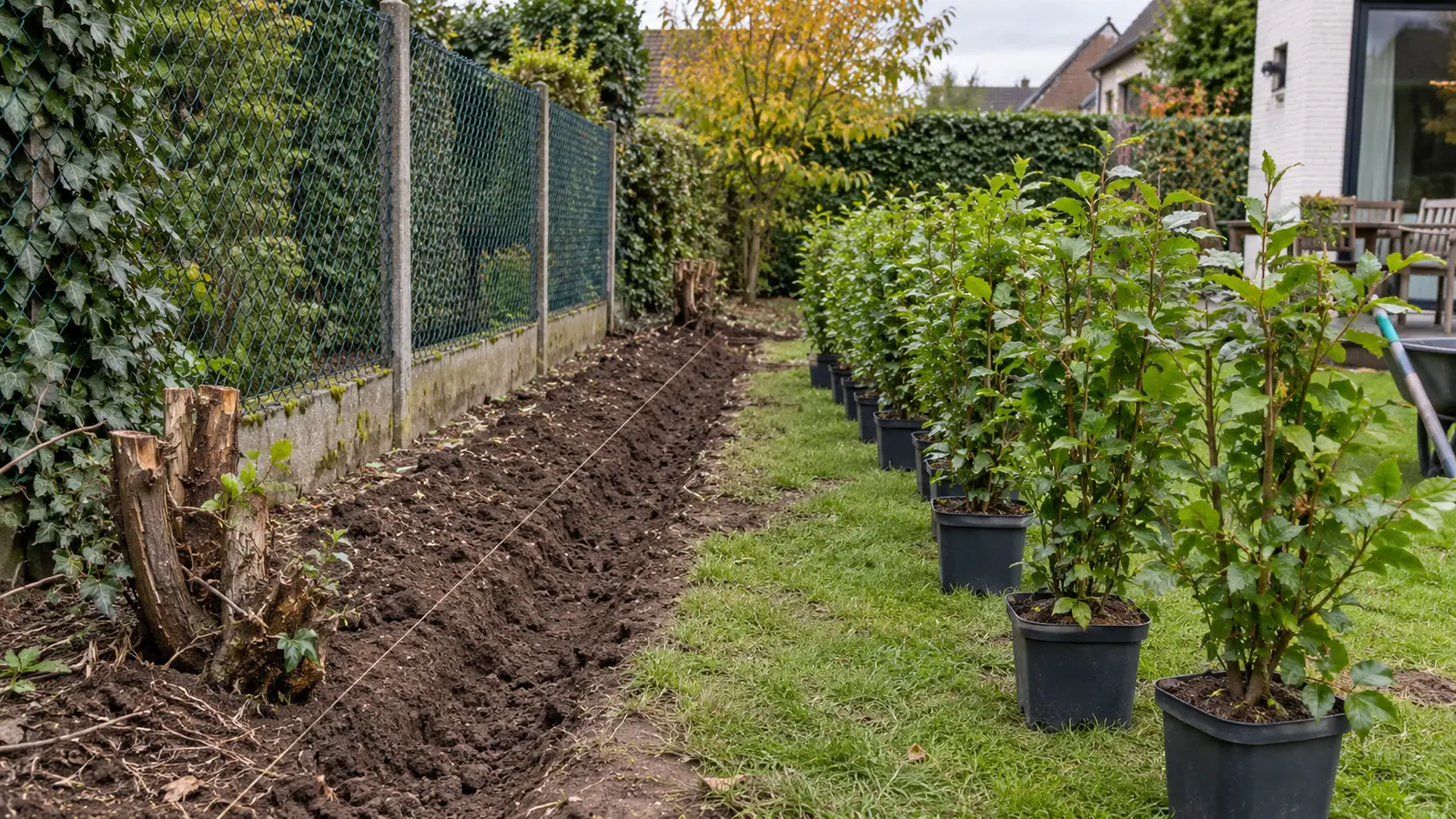 Voorbereide plantstrook met jonge beukenhaag naast oude stronken