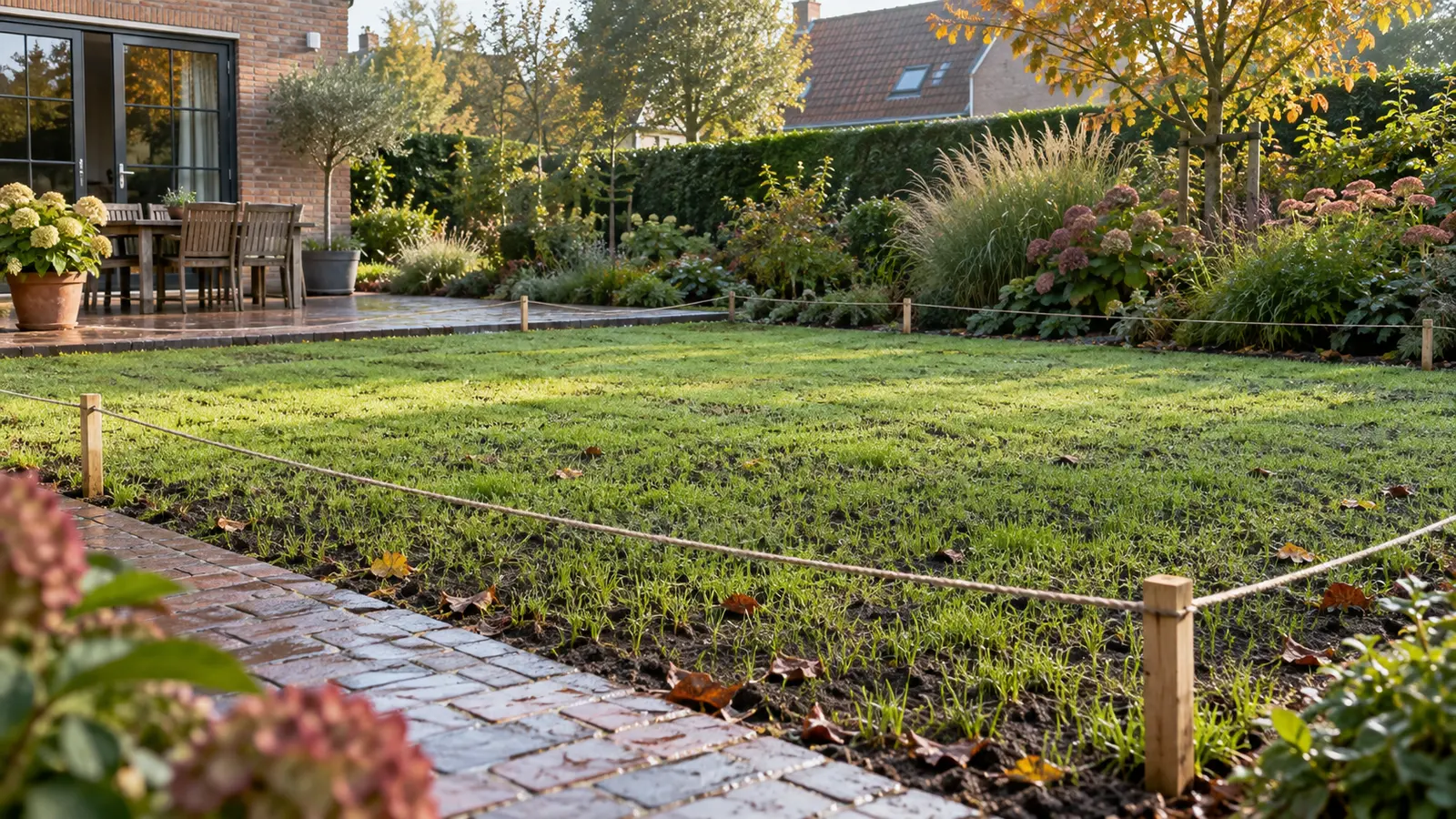 Pas ingezaaid gazon afgezet met een laag koord in een Belgische tuin