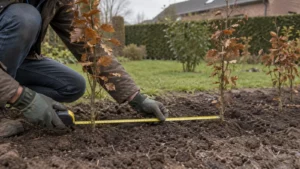 Tuinier meet de hart-op-hartafstand tussen twee jonge haagplanten