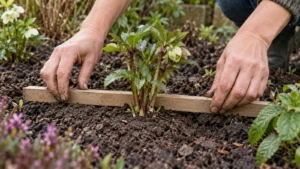 Plantdiepte van vaste plant controleren met een rechte lat over de bordergrond